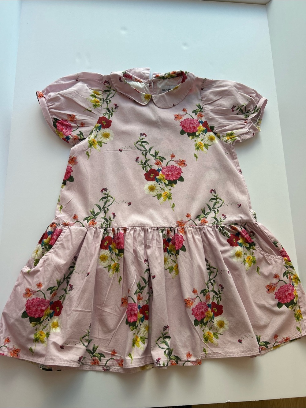 Girls Pink Floral Cotton Dress with Peter Pan Collar